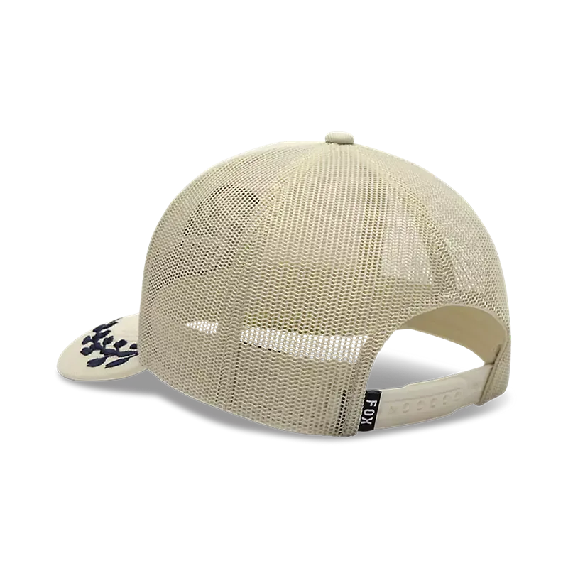 Rückseite einer Off Weißfarbenen Damen-Trucker-Kappe mit Mesh-Einsatz und Snapback-Verschluss.
