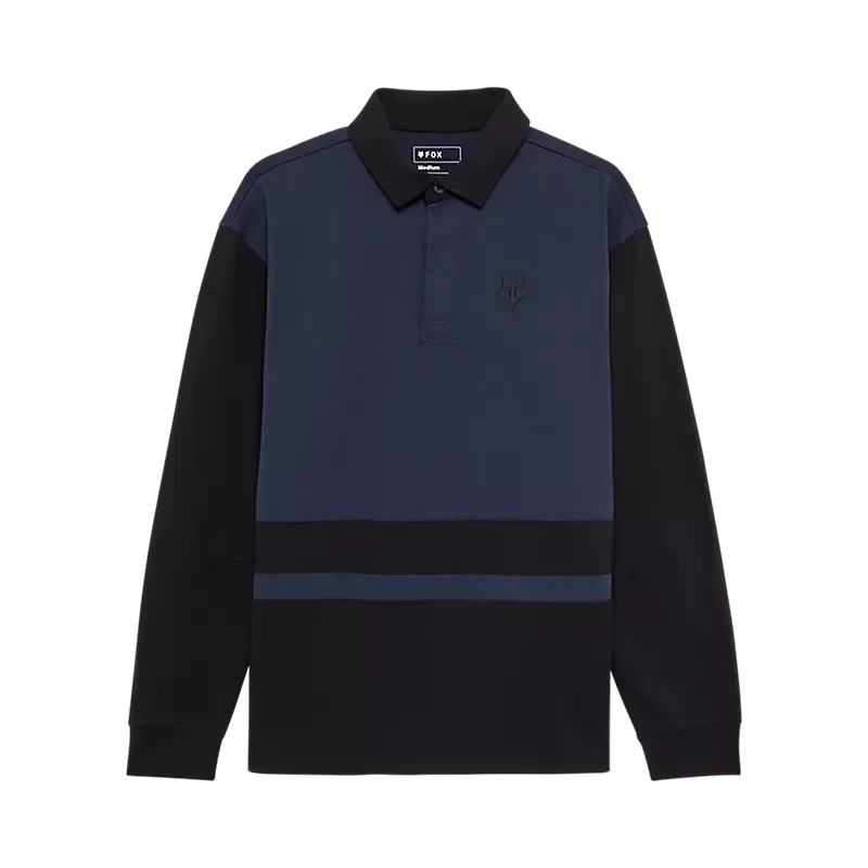 Fox Circa 74 Oversize-Rugby-Oberteil mit langen Ärmeln in Mitternachtsblau und Schwarz, gesticktes Fox-Logo auf der Brust.