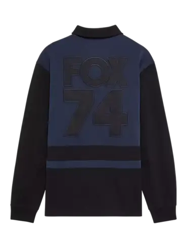 Rugby-Oberteil mit FOX 74 Aufschrift auf dem Rücken in Mitternachtsblau und Schwarz, lange Ärmel.