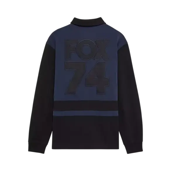 Rugby-Oberteil mit FOX 74 Aufschrift auf dem Rücken in Mitternachtsblau und Schwarz, lange Ärmel.
