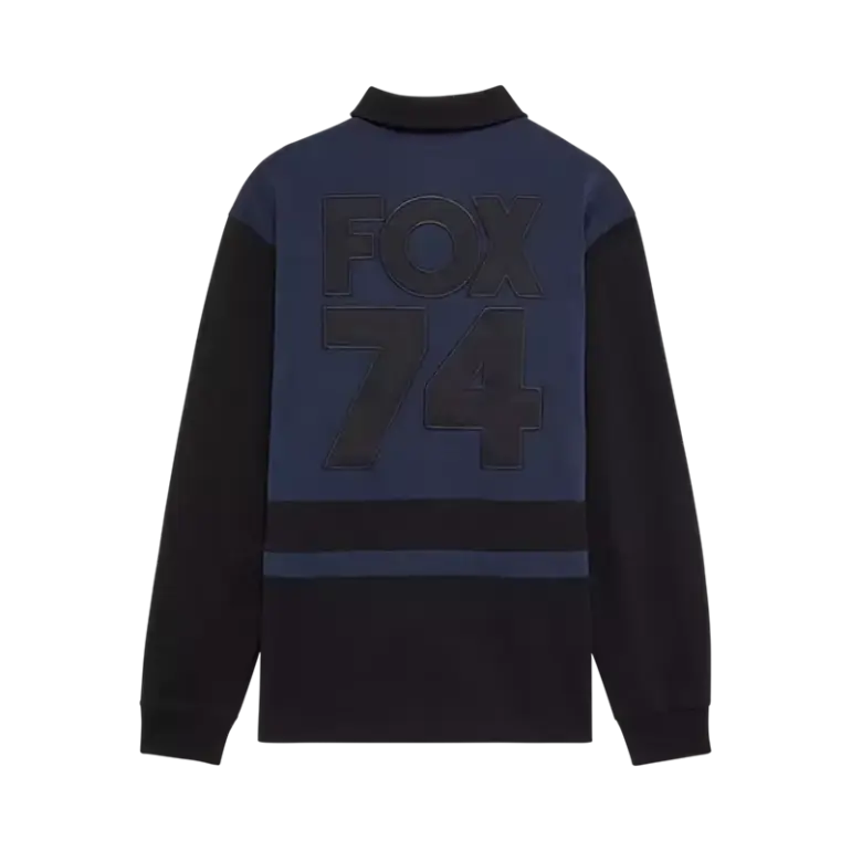 Rugby-Oberteil mit FOX 74 Aufschrift auf dem Rücken in Mitternachtsblau und Schwarz, lange Ärmel.