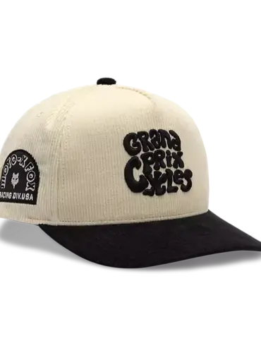 Circa 74 Snapback-Kappe aus cremefarbenem Cord mit schwarzem Schirm und gesticktem Grand Prix Cycles-Logo auf der Vorderseite.