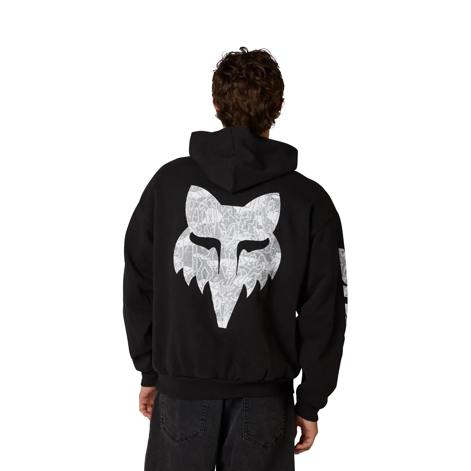 Rückansicht eines schwarzen DNGR Oversized Hoodies mit großem weißen Fuchs-Logo Siebdruck auf dem Rücken