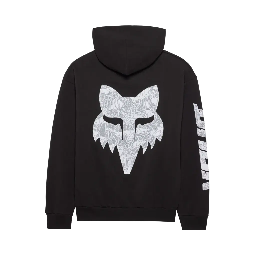 Schwarzer DNGR Oversized Hoodie mit großem, weißem Fox-Logo-Siebdruck auf dem Rücken und Logo-Schriftzug am Ärmel.
