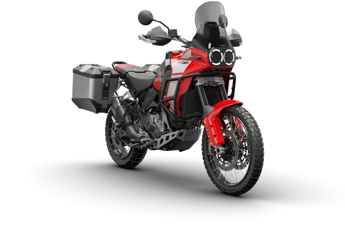Ducati DesertX Discovery in Rot mit Reiseausstattung, Aluminium-Seitenkoffern und Offroad-Bereifung