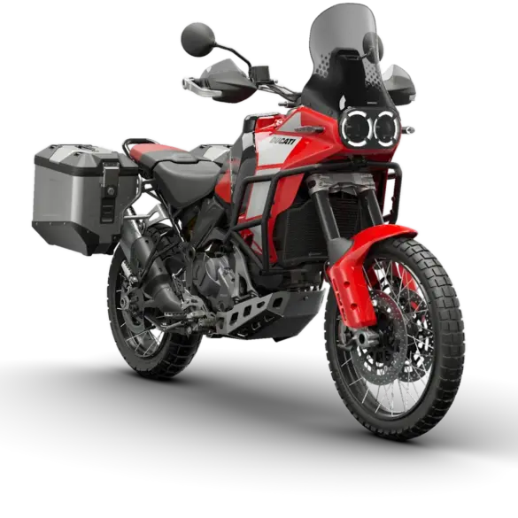 Ducati DesertX Discovery in Rot mit Reiseausstattung, Aluminium-Seitenkoffern und Offroad-Bereifung