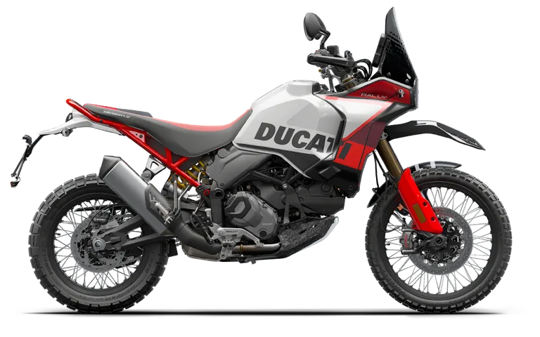 Ducati DesertX Rally Motorrad in Seitenansicht mit typischer Rallye-Ausstattung