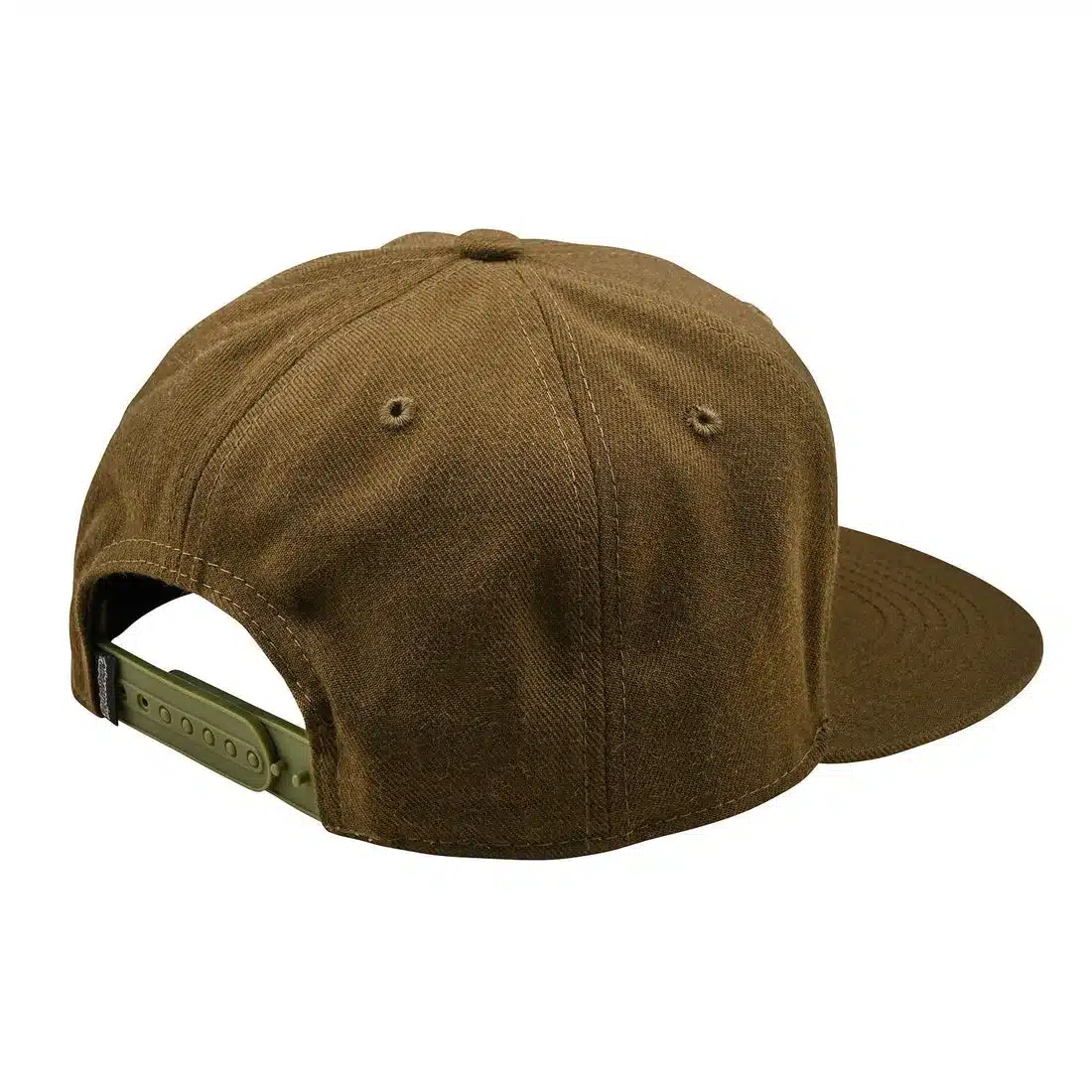 Olivefarbene Flat Bill Snapback Scholar Cap von hinten mit verstellbarem Snapback-Verschluss.