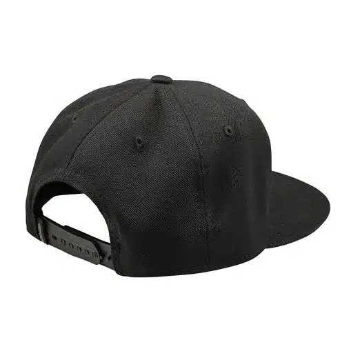 Schwarzes Flat Bill Snapback Cap mit flachem Schild und Snapback-Verschluss von hinten fotografiert.