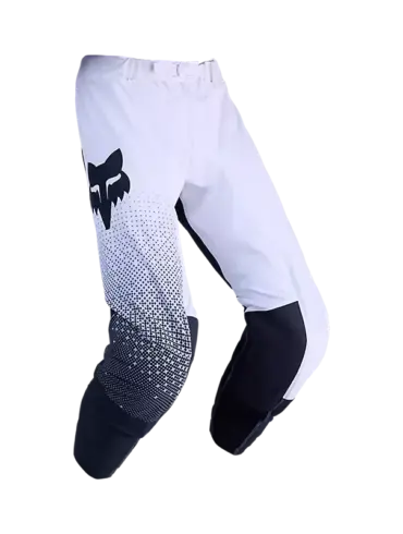 Weiße Flexair Fracture Motorradhose mit schwarzem Fox-Logo und abriebfesten Einsätzen