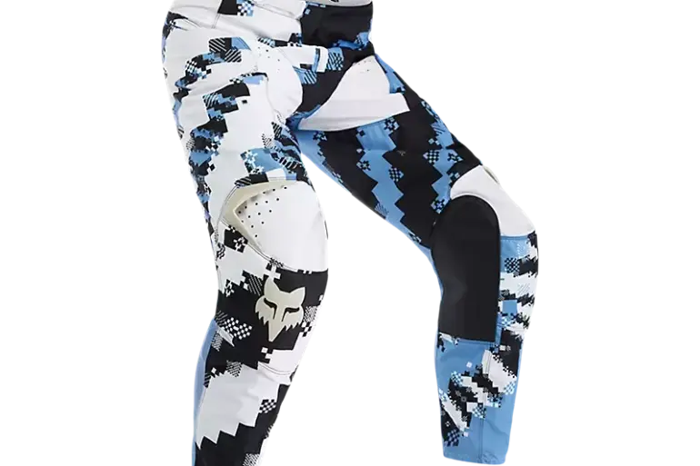 Fox 180 Digi Image Motocross-Hose mit blau-weißem Zebra-Muster und verstärkten Kniebereichen.