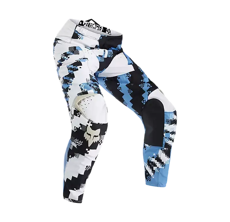 Fox 180 Digi Image Motocross-Hose mit blau-weißem Zebra-Muster und verstärkten Kniebereichen.