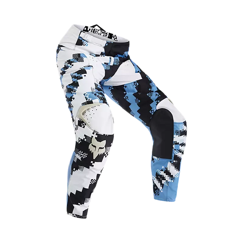 Fox 180 Digi Image Motocross-Hose mit blau-weißem Zebra-Muster und verstärkten Kniebereichen.
