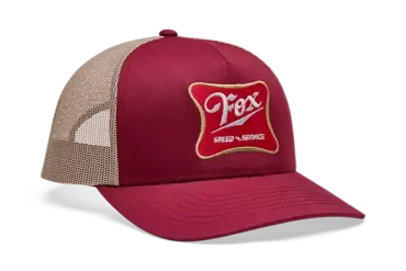 Fox Draft Trucker Hat in signalstarkem Kardinalrot mit gestickter Grafik und Mesh-Rückseite.