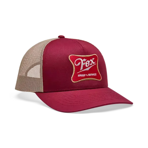 Fox Draft Trucker Hat in signalstarkem Kardinalrot mit gestickter Grafik und Mesh-Rückseite.