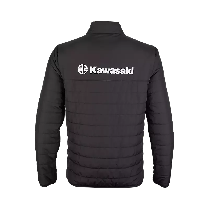 Schwarze Kawasaki Howell Steppjacke von Fox Racing, Rückansicht mit weißem Kawasaki-Schriftzug und Logo.