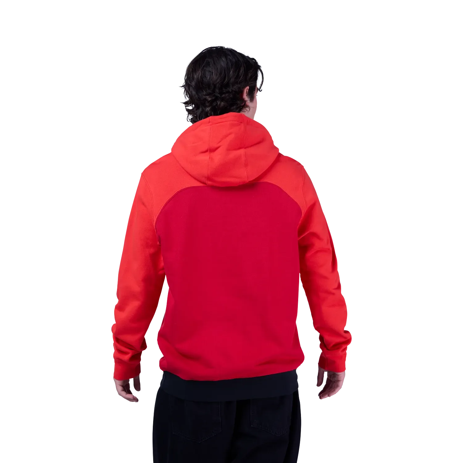 Roter Fracture Kapuzenpullover, Rückansicht, getragen von einem Mann vor schwarzem Hintergrund.