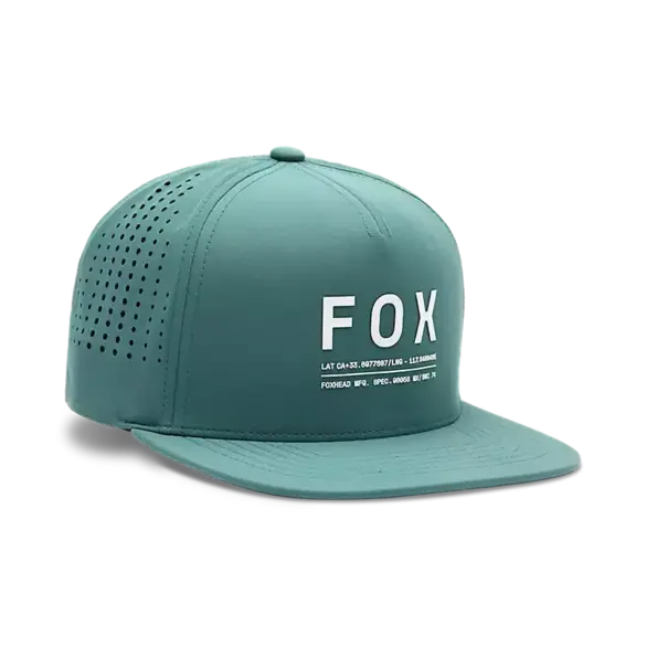 FOX Non Stop Funktions-Snapback-Kappe mit Perforationen und weißem Logo-Druck auf der Vorderseite.