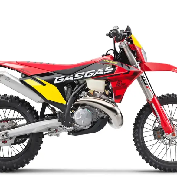 GASGAS EC 300 GP 2025 Enduro-Motorrad in Rot, Schwarz und Gelb seitlich fotografiert