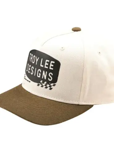 Curved Snapback Cap mit 'Troy Lee Designs' Stamp-Logo in Weiß und Oliv seitlich abgebildet