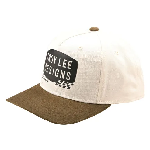 Curved Snapback Cap mit 'Troy Lee Designs' Stamp-Logo in Weiß und Oliv seitlich abgebildet