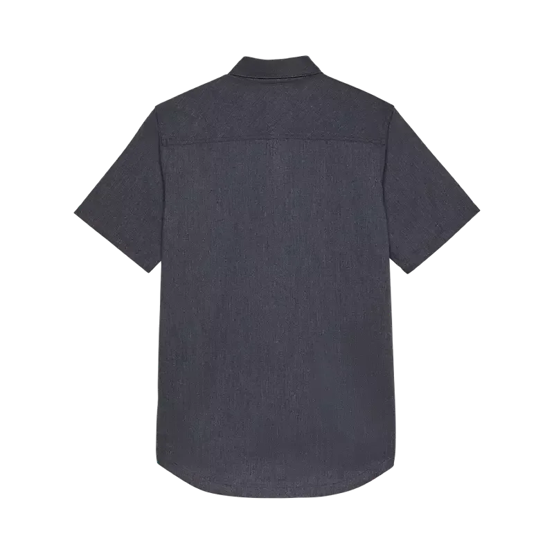 Mitternachtsblaues Kurzarmhemd aus Herringbone-Gewebe, Rückansicht.