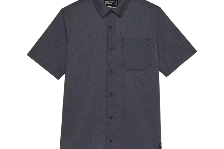 Dunkelblaues, kurzärmliges Hemd mit Knopfleiste und Brusttasche aus gebürstetem Herringbone-Gewebe