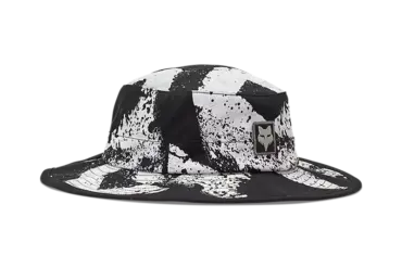 Goldstone Base Over Sonnenhut mit schwarzem und weißem Allover-Print und Logo auf der Vorderseite.