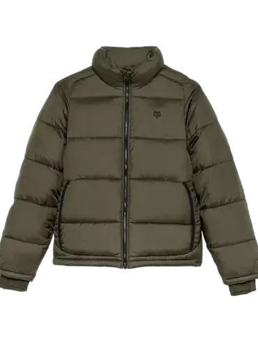 Olivgrüne Ridgeway Hi-Loft Jacke mit Reißverschluss, Stehkragen und gestepptem Design.