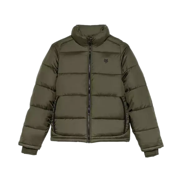 Olivgrüne Ridgeway Hi-Loft Jacke mit Reißverschluss, Stehkragen und gestepptem Design.