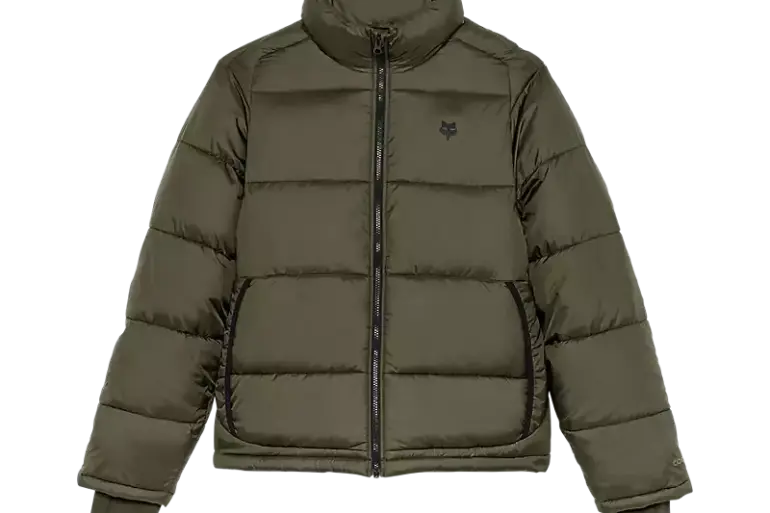 Olivgrüne Ridgeway Hi-Loft Jacke mit Reißverschluss, Stehkragen und gestepptem Design.