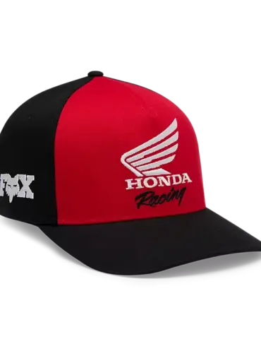 Rote und schwarze Flexfit-Cap mit Honda Racing Stickerei und Fox-Logo seitlich.
