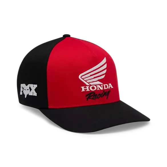 Rote und schwarze Flexfit-Cap mit Honda Racing Stickerei und Fox-Logo seitlich.