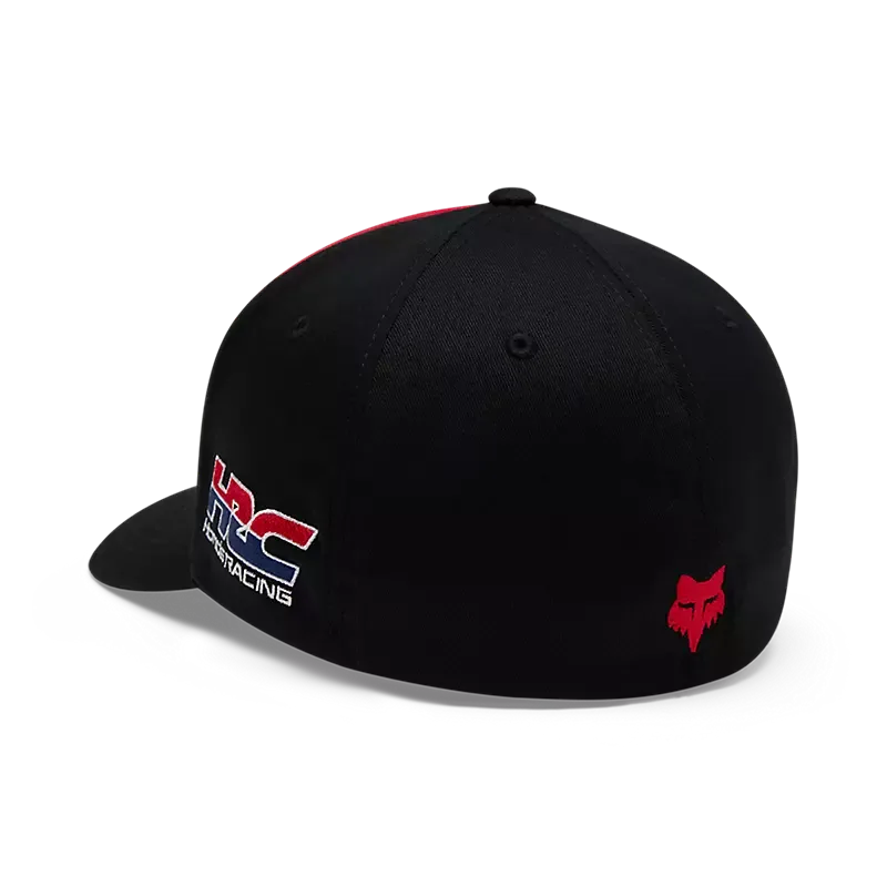 Schwarze Honda Flexfit-Cap von hinten mit HRC Racing Stickerei und rotem Fox Head Logo