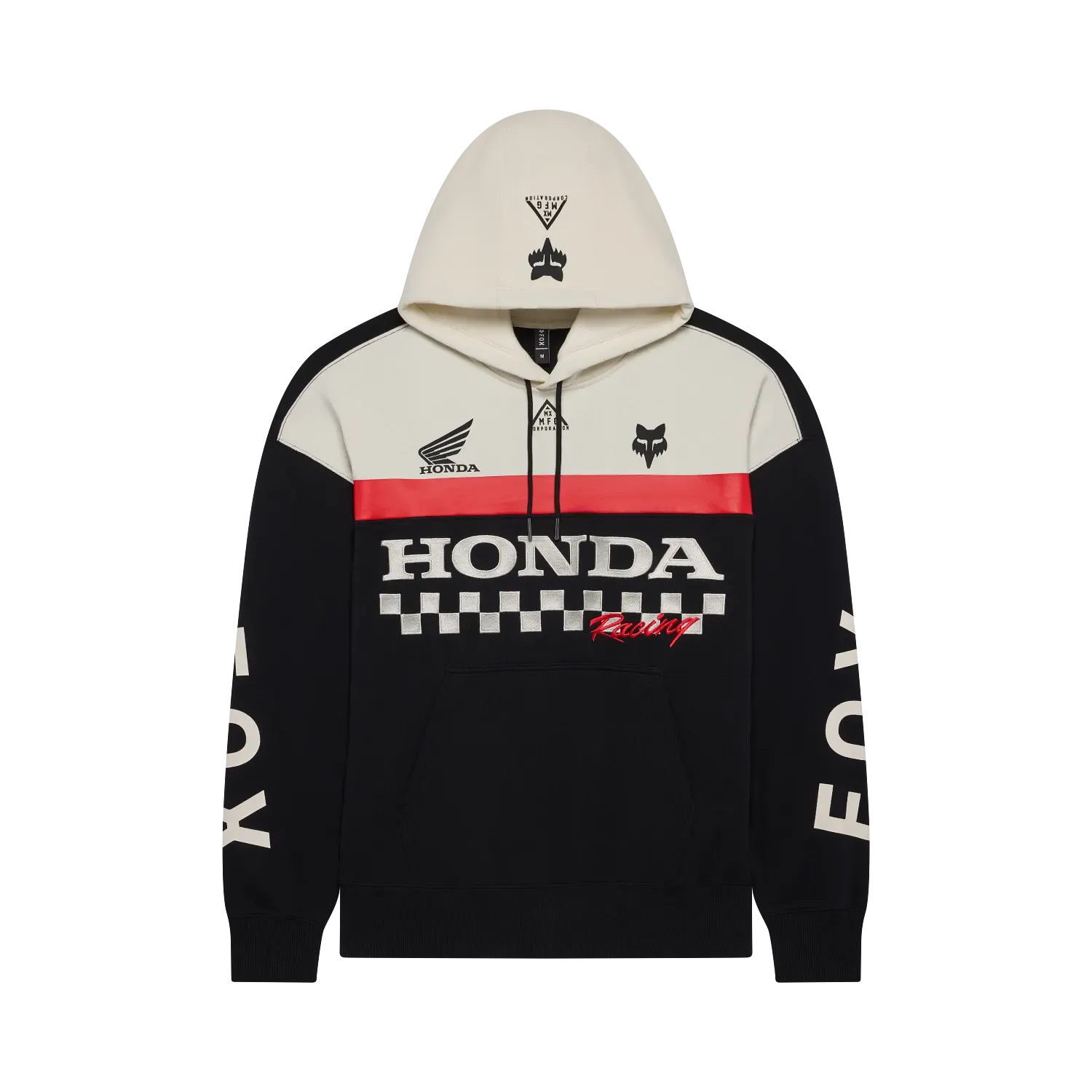 Honda Heavyweight Pullover Hoodie in Schwarz mit weiß-roten Details und Fox sowie Honda Racing Logos