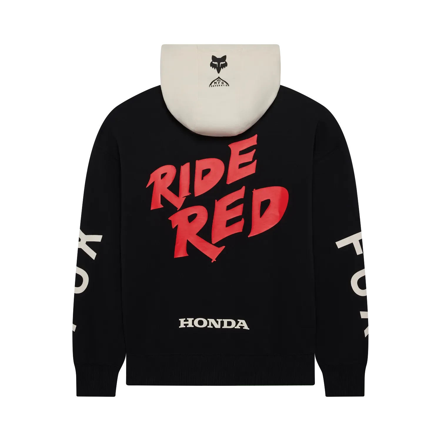 Schwarzer Honda Heavyweight Pullover Hoodie von Fox mit rotem 'RIDE RED' Schriftzug und weißen Honda- und Fox-Logos.
