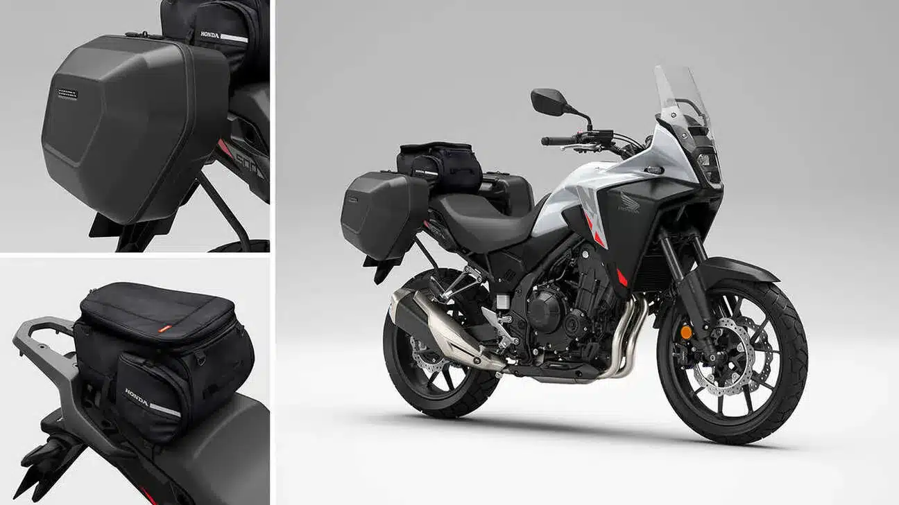 Honda NX500 Motorrad mit montierten Seitenkoffern und Gepäcktasche