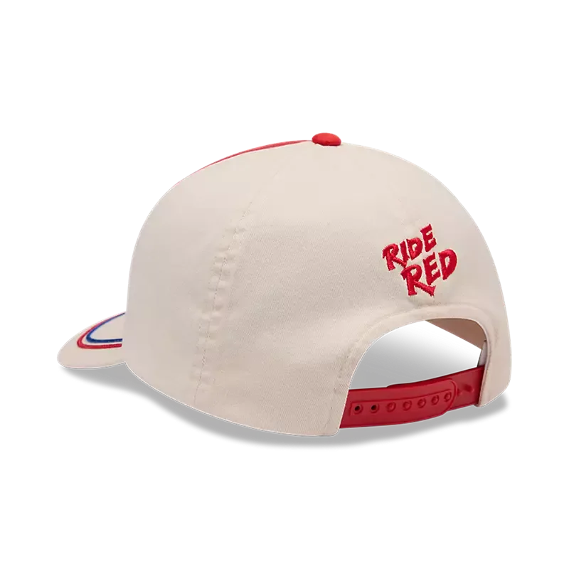 Rückseite einer Off White Honda Snapback Cap mit rotem 'Ride Red'-Schriftzug und Snapback-Verschluss.
