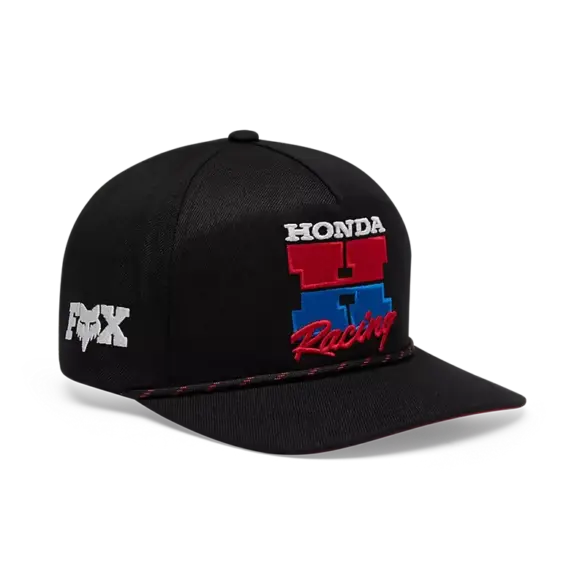 Honda Snapback Cap in Schwarz mit roter und blauer Racing-Stickerei sowie Fox-Logo an der Seite