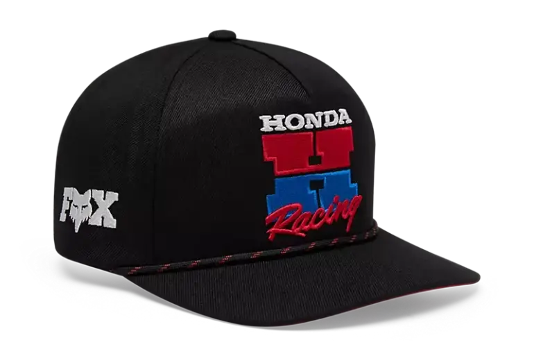 Honda Snapback Cap in Schwarz mit roter und blauer Racing-Stickerei sowie Fox-Logo an der Seite