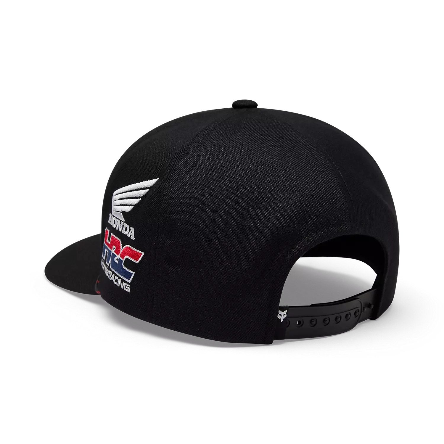 Schwarze Honda Snapback Cap mit HRC-Logo und verstellbarem Snapback-Verschluss, Rückansicht