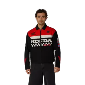 Honda Work Jacke mit rot-schwarz-weißem Design, großem Honda-Schriftzug und Logos auf Brust und Ärmeln