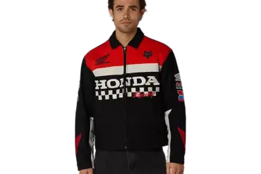 Honda Work Jacke mit rot-schwarz-weißem Design, großem Honda-Schriftzug und Logos auf Brust und Ärmeln