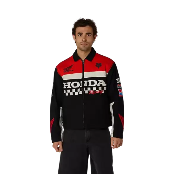 Honda Work Jacke mit rot-schwarz-weißem Design, großem Honda-Schriftzug und Logos auf Brust und Ärmeln