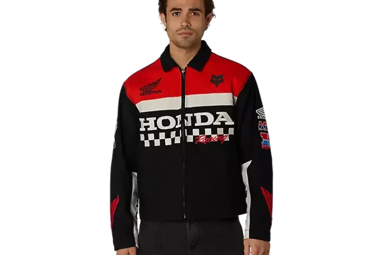 Honda Work Jacke mit rot-schwarz-weißem Design, großem Honda-Schriftzug und Logos auf Brust und Ärmeln