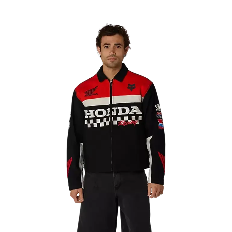 Honda Work Jacke mit rot-schwarz-weißem Design, großem Honda-Schriftzug und Logos auf Brust und Ärmeln