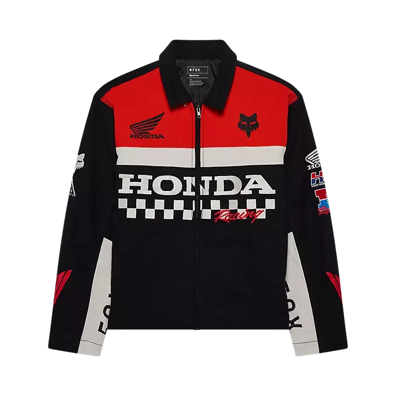 Honda Work Jacke mit roten, schwarzen und weißen Racing-Elementen und großem Honda-Logo