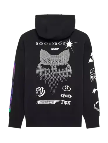 Schwarzer Oversize-Hoodie mit auffälligen reflektierenden Grafiken auf dem Rücken und den Ärmeln.