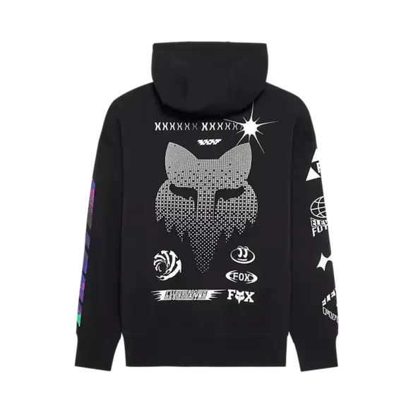 Schwarzer Oversize-Hoodie mit auffälligen reflektierenden Grafiken auf dem Rücken und den Ärmeln.