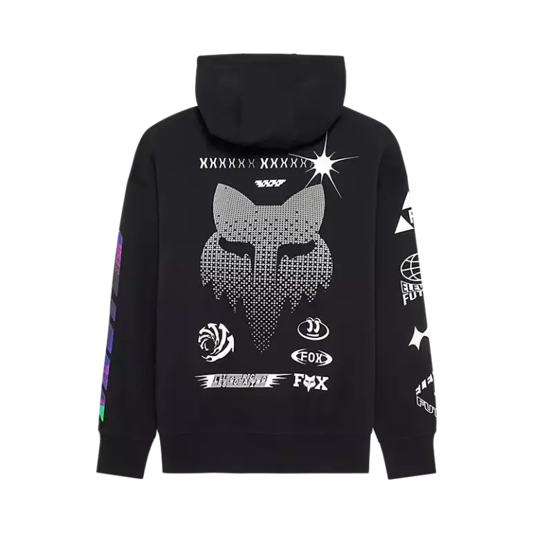 Schwarzer Oversize-Hoodie mit auffälligen reflektierenden Grafiken auf dem Rücken und den Ärmeln.